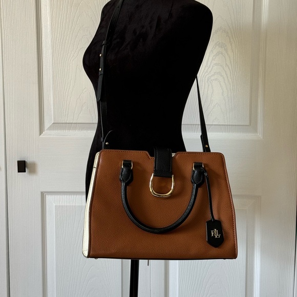 Ralph Lauren Handbags - Lauren Ralph Lauren Pebbled Leather Satchel, Tan/Black/Off White